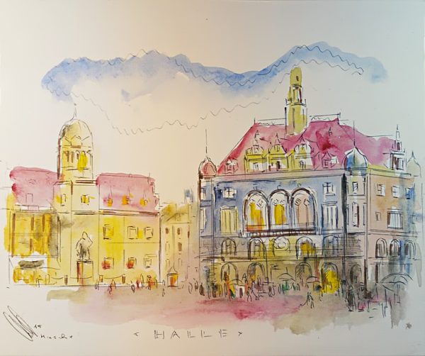 Aquarell von Halle (Saale): historische Ansicht vom Marktplatz