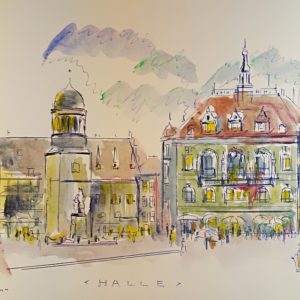 Aquarell von Halle (Saale): historische Ansicht vom Marktplatz