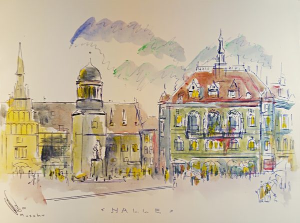 Aquarell von Halle (Saale): historische Ansicht vom Marktplatz