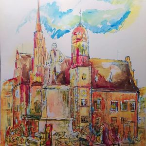 Aquarell von Halle (Saale): historische Ansicht vom Marktplatz - Händel-Denkmal & Altes Rathaus