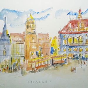 Aquarell von Halle (Saale): historische Ansicht vom Marktplatz (350 x 280 cm)