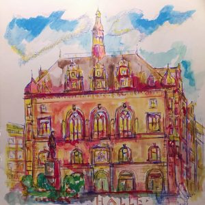 Aquarell von Halle (Saale): historische Ansicht vom Stadthaus am Markt