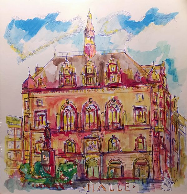 Aquarell von Halle (Saale): historische Ansicht vom Stadthaus am Markt