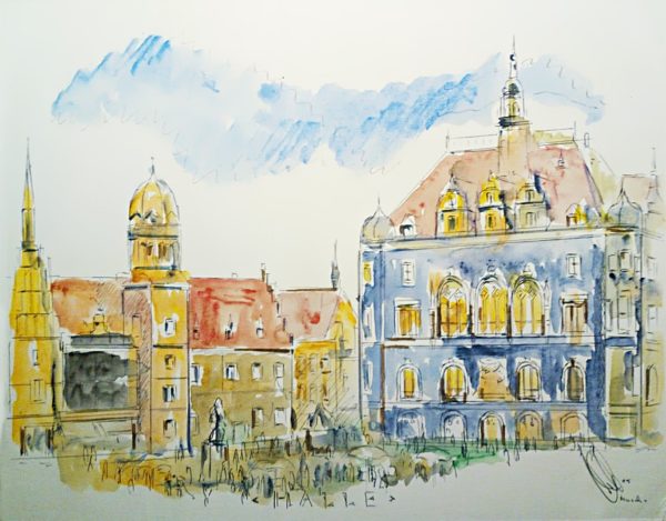 Aquarell von Halle (Saale): historische Ansicht vom Marktplatz