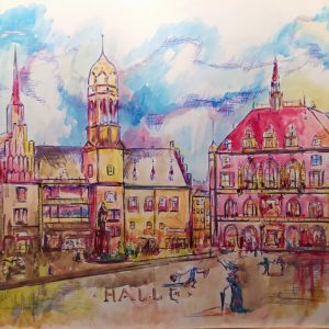 Aquarell von Halle (Saale): historische Ansicht vom Marktplatz