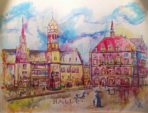 Aquarell von Halle (Saale): historische Ansicht vom Marktplatz