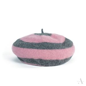 Geringelte Baskenmütze in Grau und Rosa