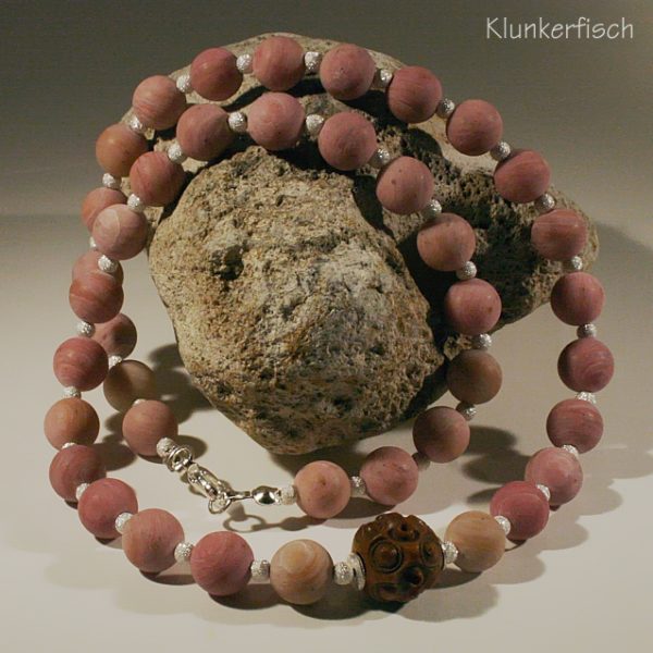 Collier aus Rhodochrosit und Silber mit einer antiken Mittel-Perle
