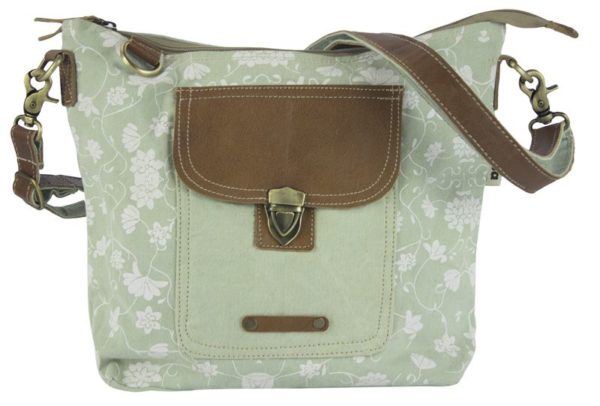 Große Tasche aus hellgrünem Canvas mit Leder-Applikationen *Flora*