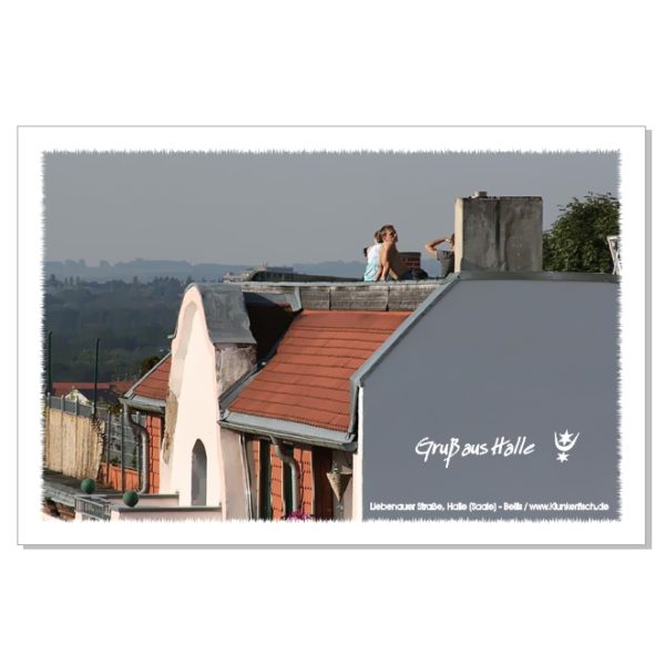Postkarte von Halle: Blick über die südliche Innenstadt in Richtung Marktplatz