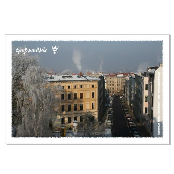 Postkarte von Halle: Blick über die südliche Innenstadt in Richtung Marktplatz