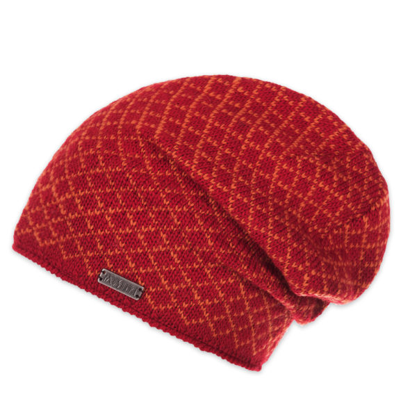 Rote Beanie-Mütze mit gelbem Karo-Muster