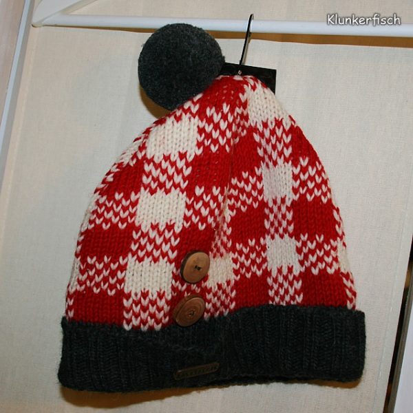 Mütze aus Wolle in Rot-Weiß-Kariert und mit Bommel