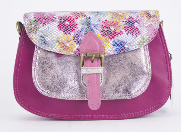 Kleine Tasche aus Leder in Pink und Silber und mit Blumenmuster