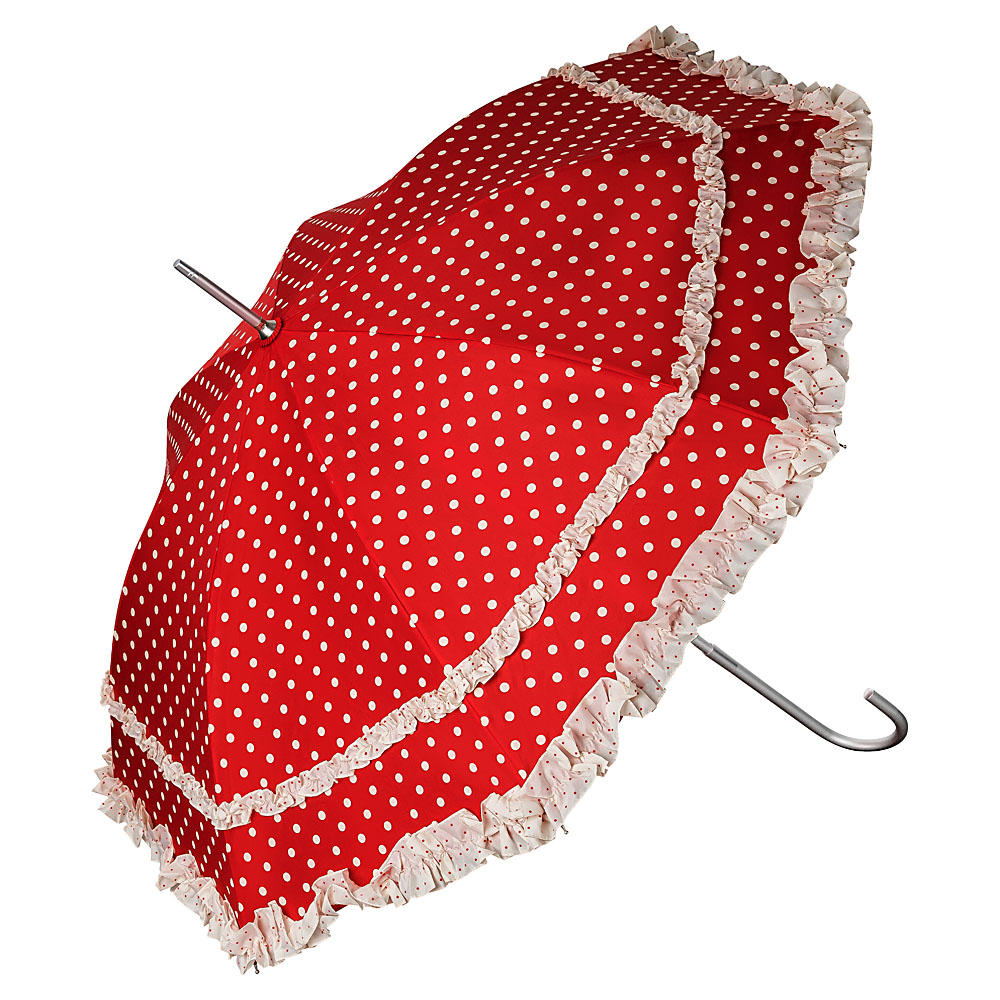 Regenschirm / Stockschirm in Rot mit weißen Punkten und Rüschen –  Klunkerfisch