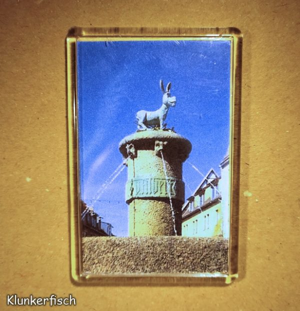 Rechteckiger Kühlschrank-Magnet mit Halle-Foto: Eselsbrunnen mit Shrek-Esel