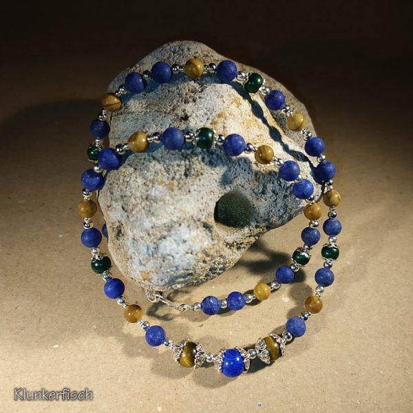 Zartes Collier aus Lapislazuli, Malachit, Tigerauge und versteinertem Holz